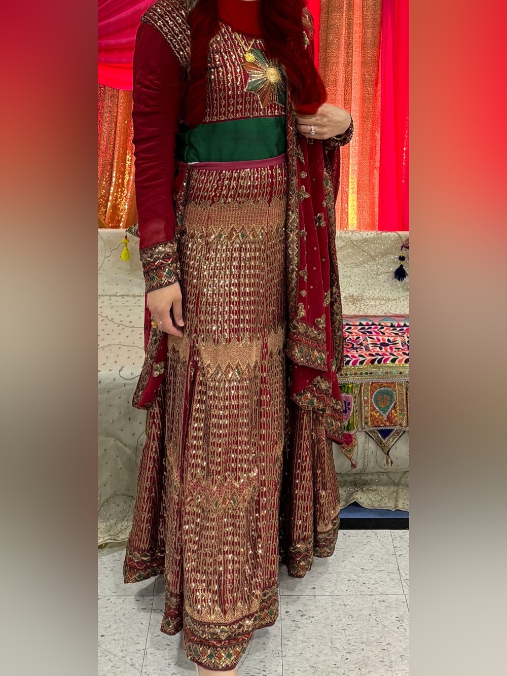 Embellished Red & Gold and green Women’s lengha set bridal